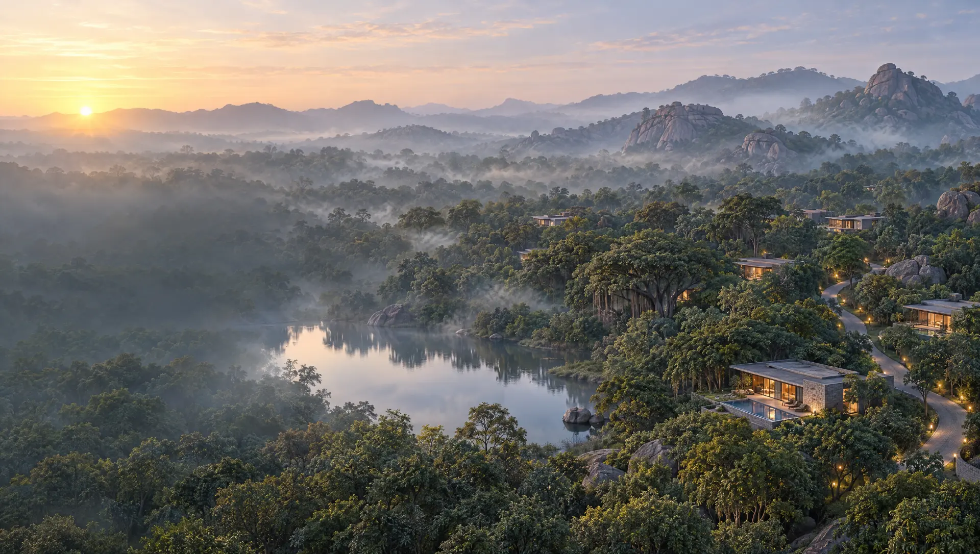 Artist's impression: aerial view of a misty forest valley at dawn with villas set among the trees.