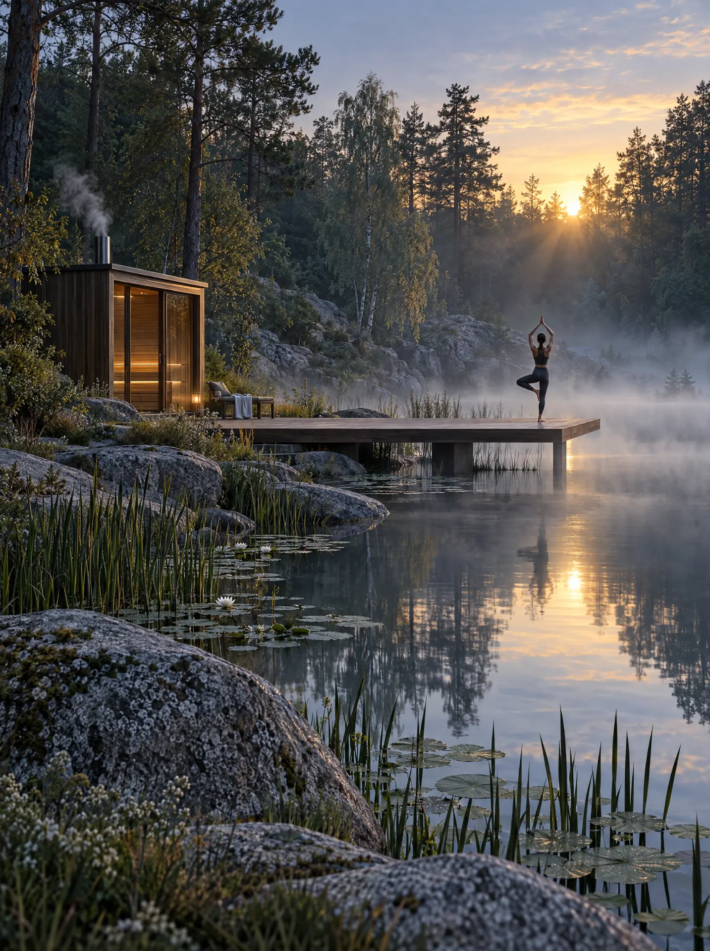 Artist's impression: a natural swimming pond and a yoga deck at the forest's edge.