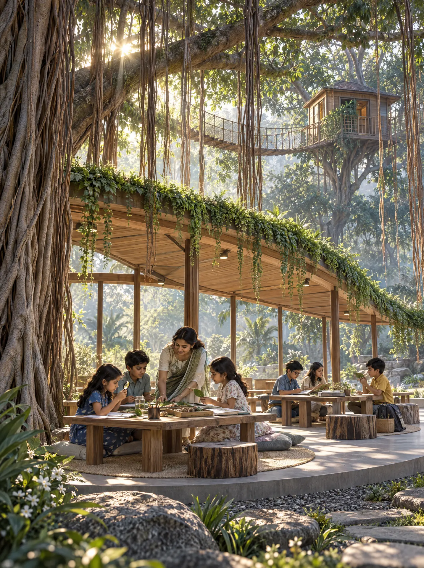 Artist's impression: children and a teacher in an open-air classroom under a banyan tree.