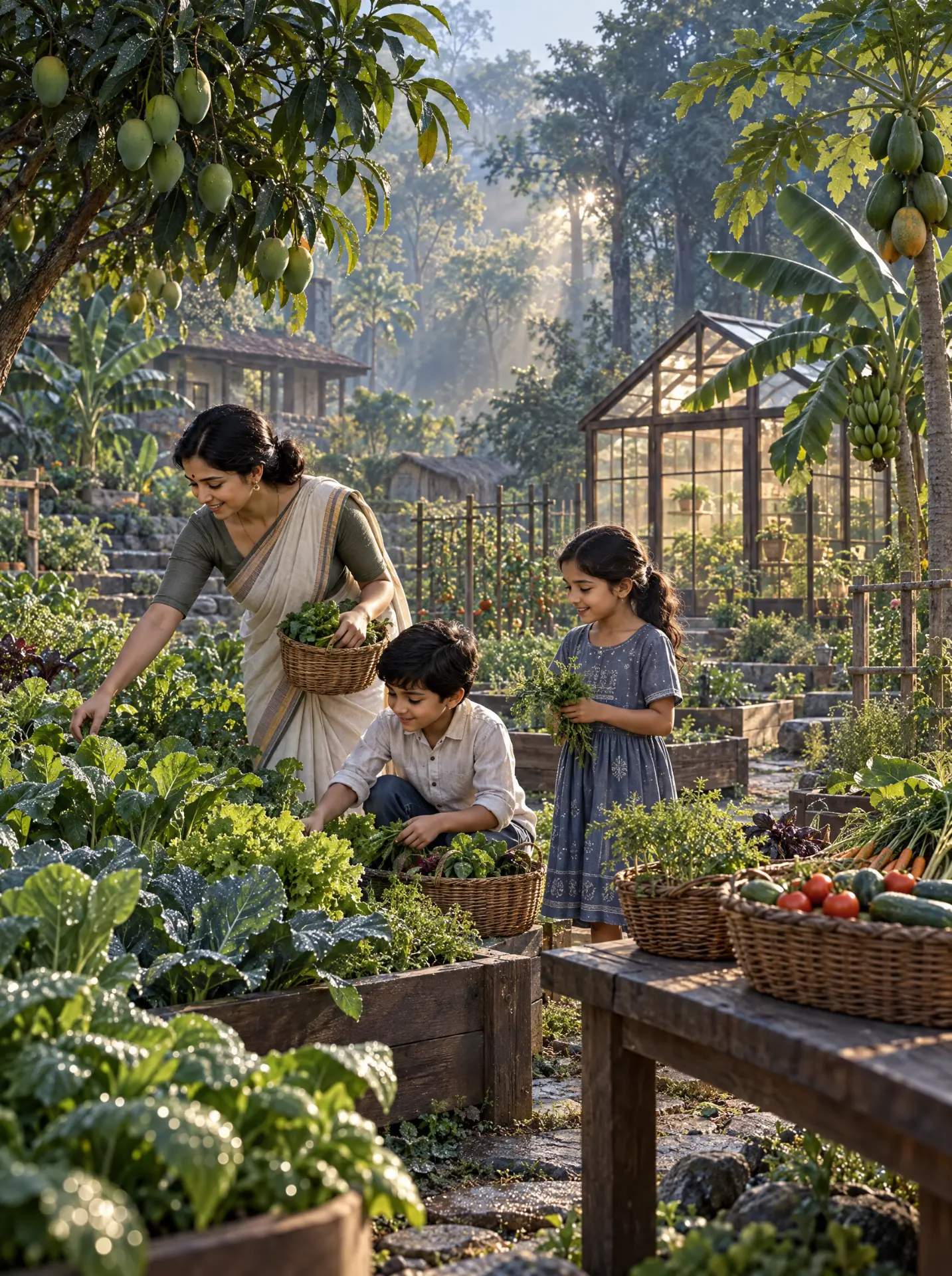 Artist's impression: a family harvesting vegetables in the village kitchen garden beside fruit trees and a greenhouse.